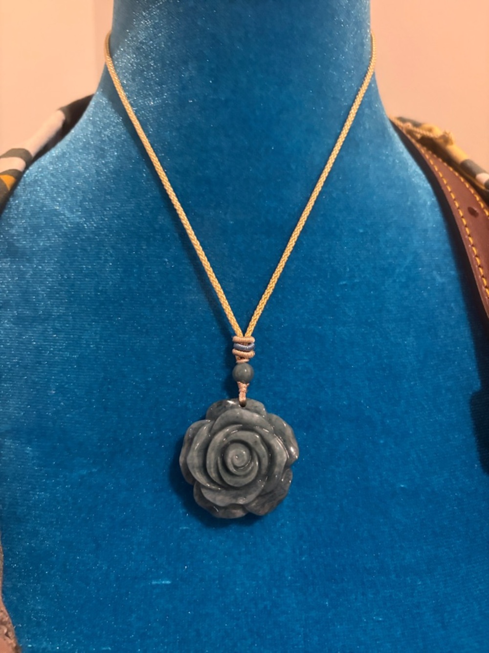 Handcrafted -Dark Green Rose Pendant Necklace - A blue Jade stone.